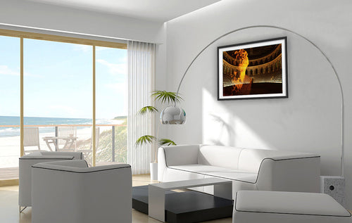 Heracles Arena photo print by Storaro Art Collection - Heracles sculpture with golden Roman amphitheater in heroic fire atmosphere in fine art photography print